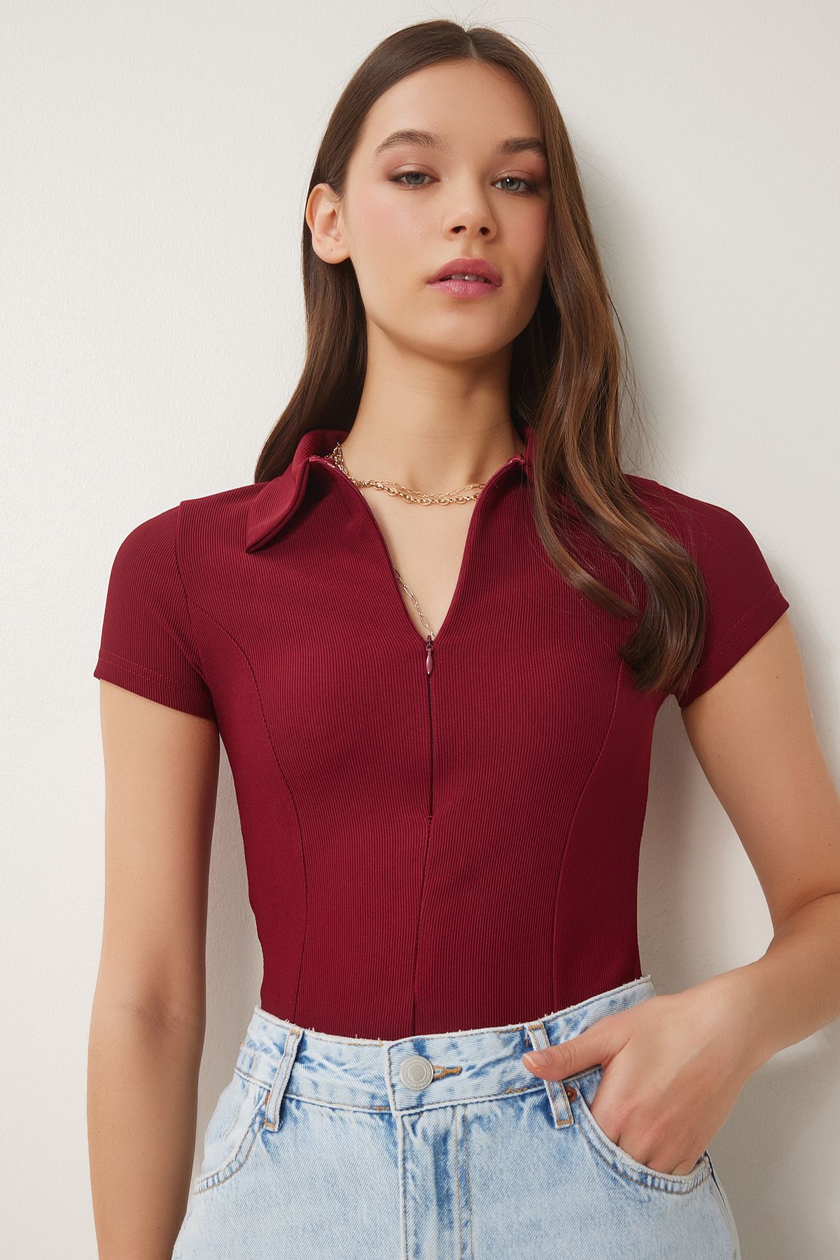 Bordo Polo Yaka Fermuarlı Örme Bluz CI00114