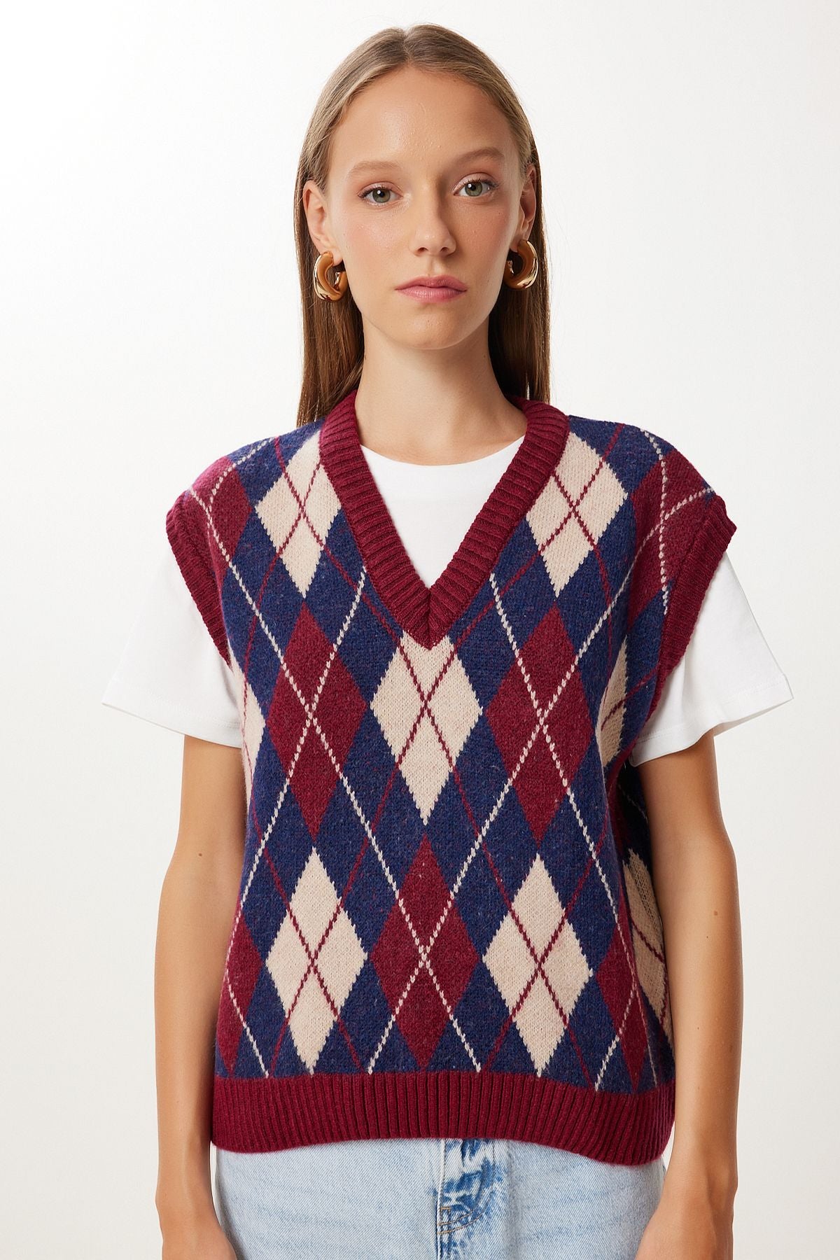 Bordo Lacivert Baklava Desenli Triko Süveter MX00250