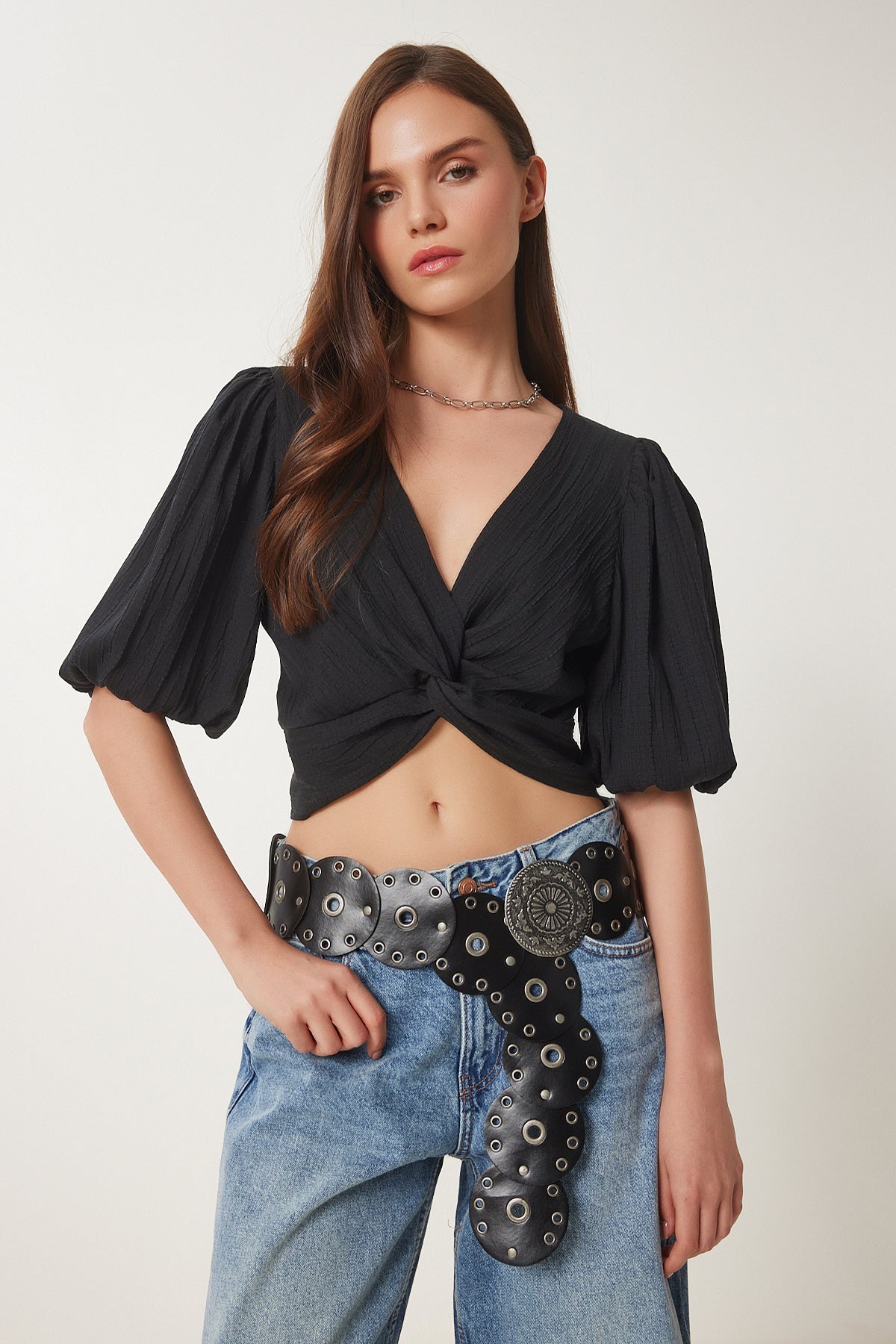 Siyah Balon Kollu Crop Dokuma Bluz RG00052