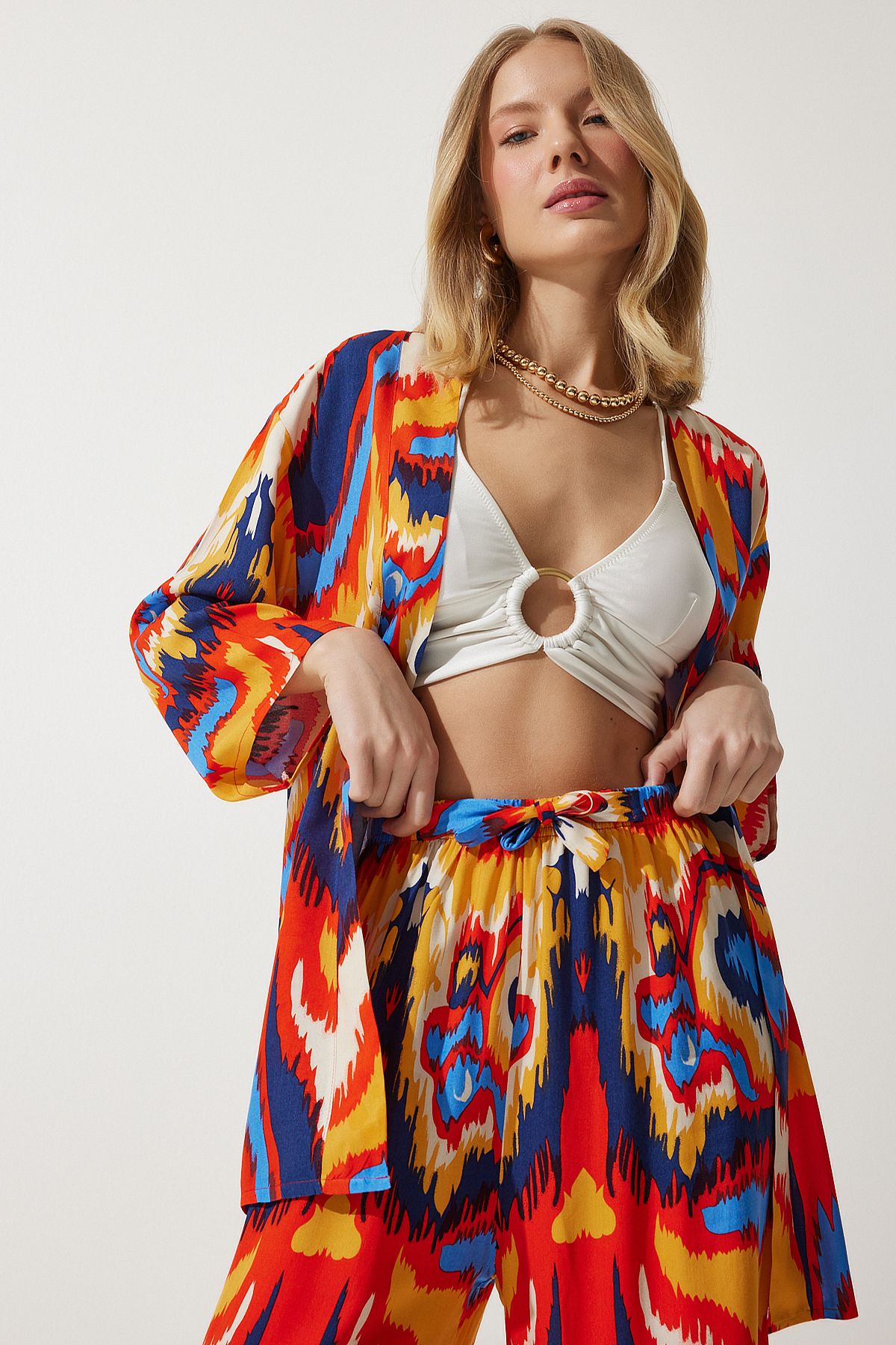 Oranj Desenli Kimono Palazzo Pantolon Takım EN00614