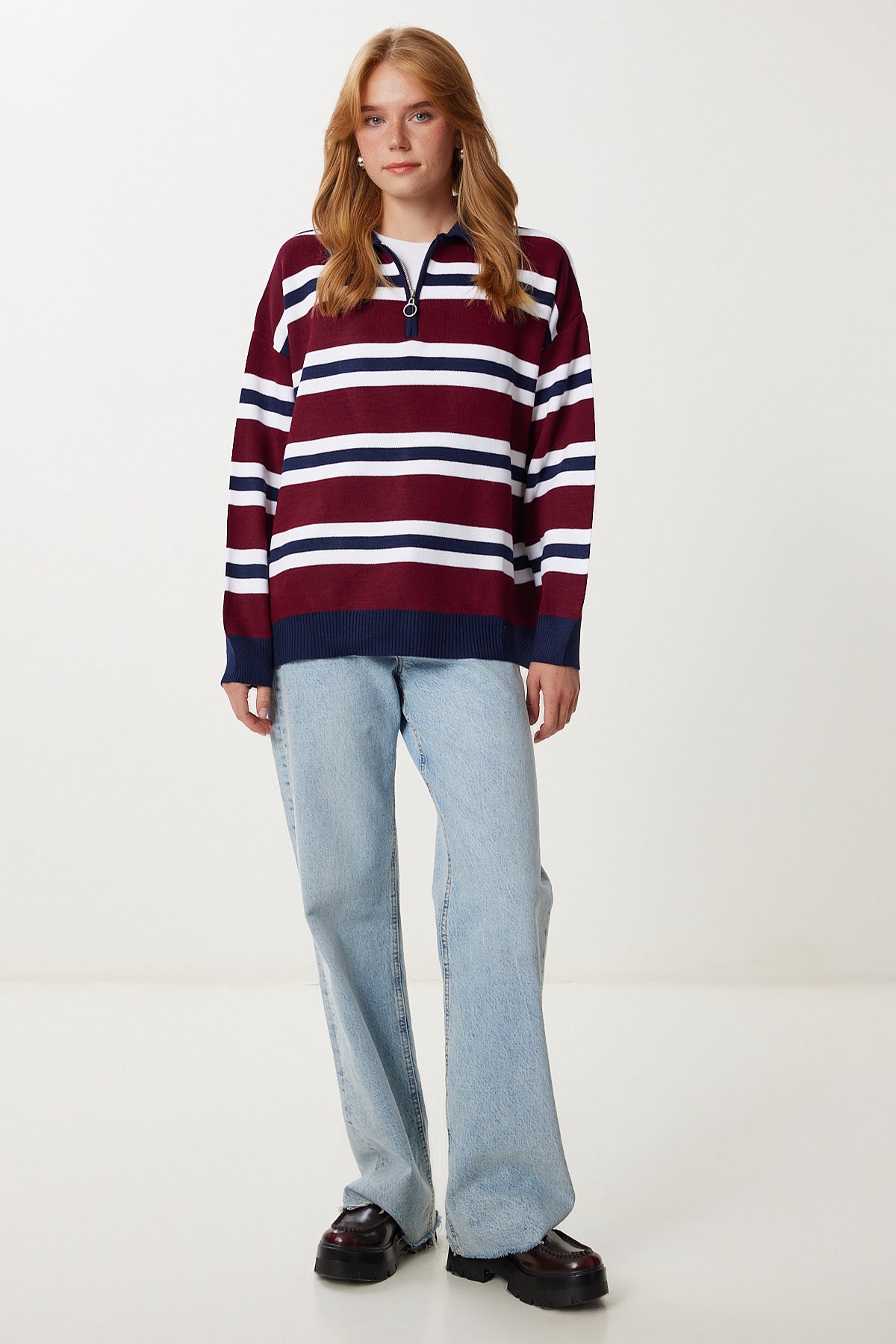 Lacivert Bordo Polo Yaka Çizgili Triko Kazak PF00118