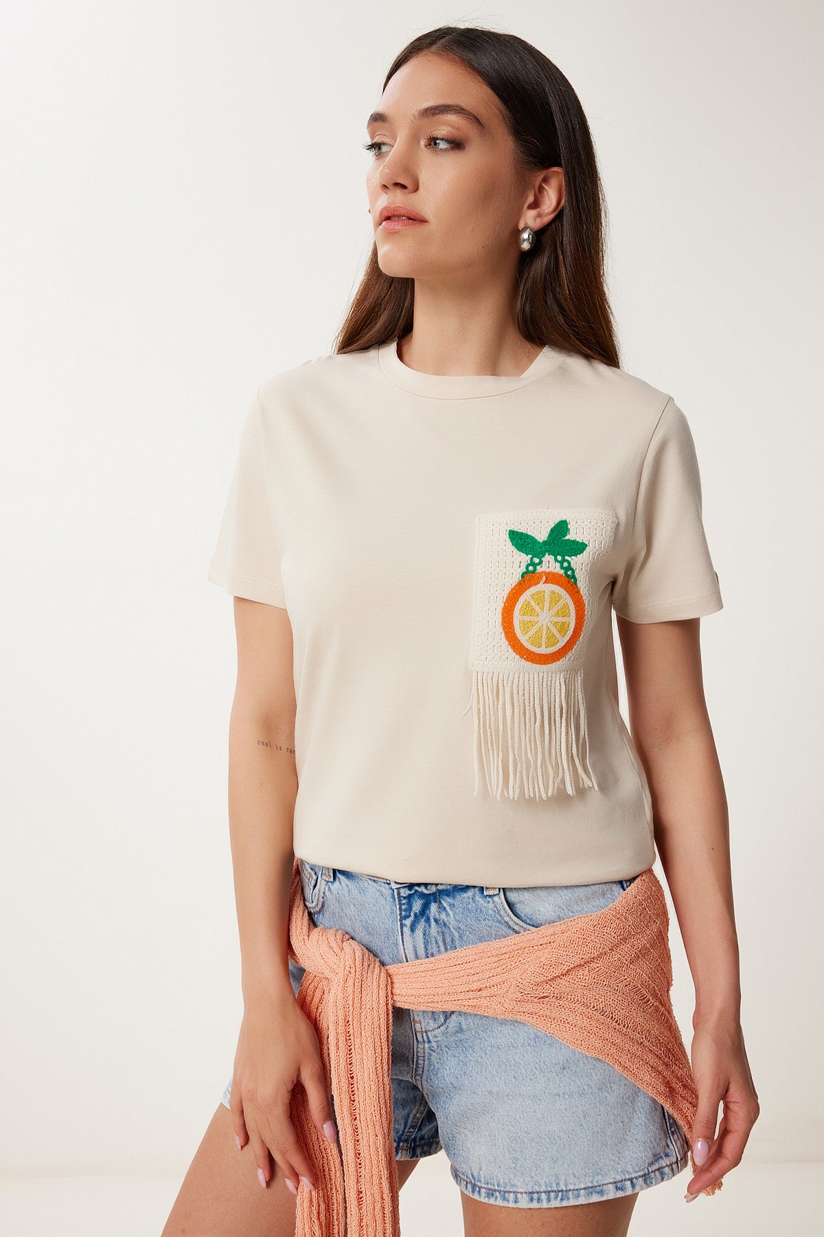 Taş Portakal Nakış İşlemeli Pamuklu T-Shirt UB00385