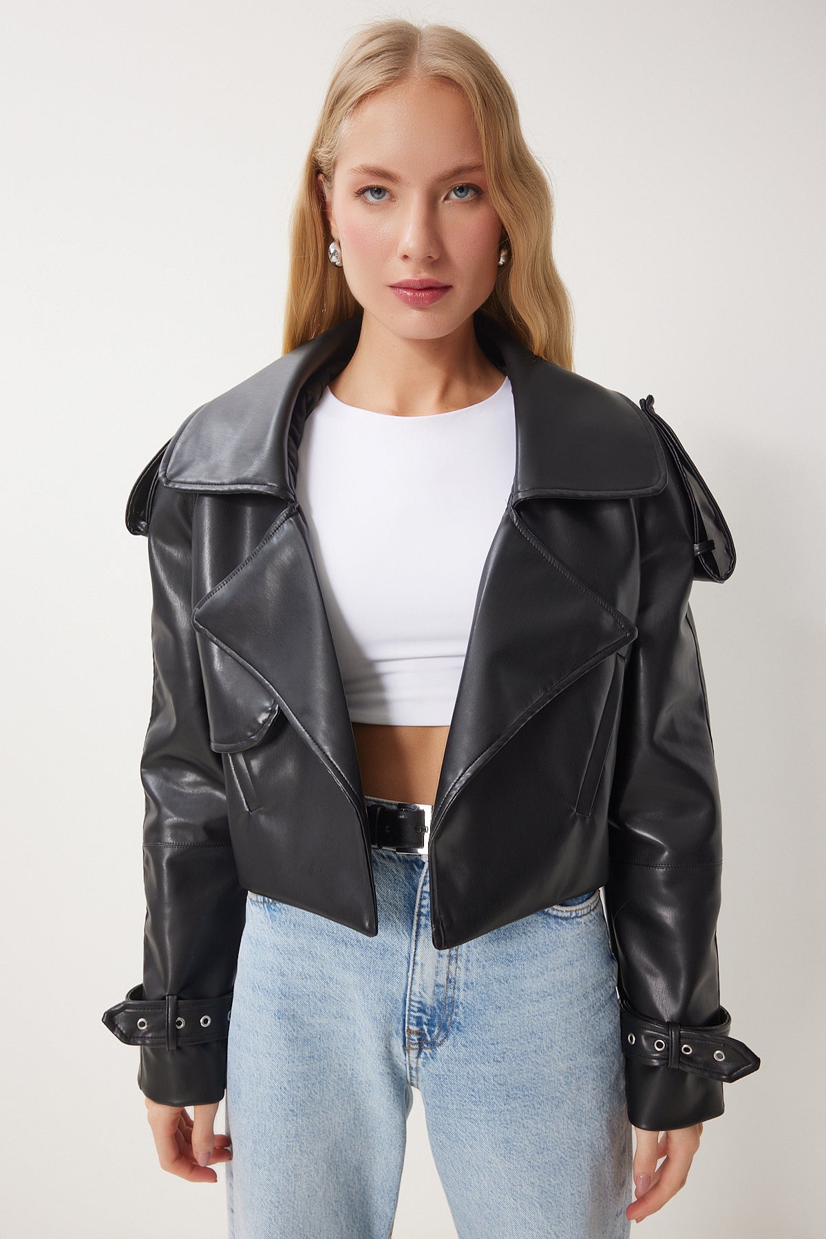 Siyah Oversize Suni Deri Ceket OH00059
