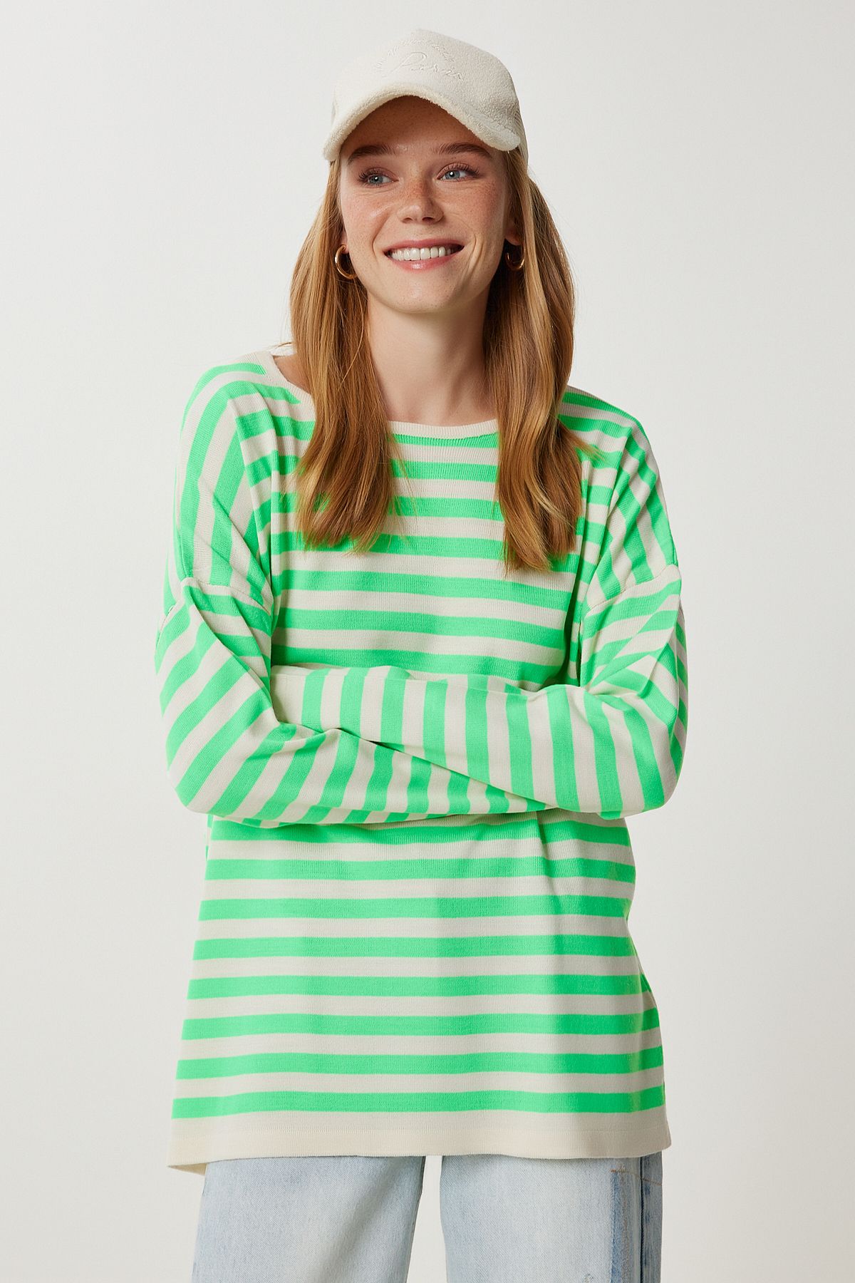 Yeşil Krem Çizgili Oversize Triko Kazak Kİ00162