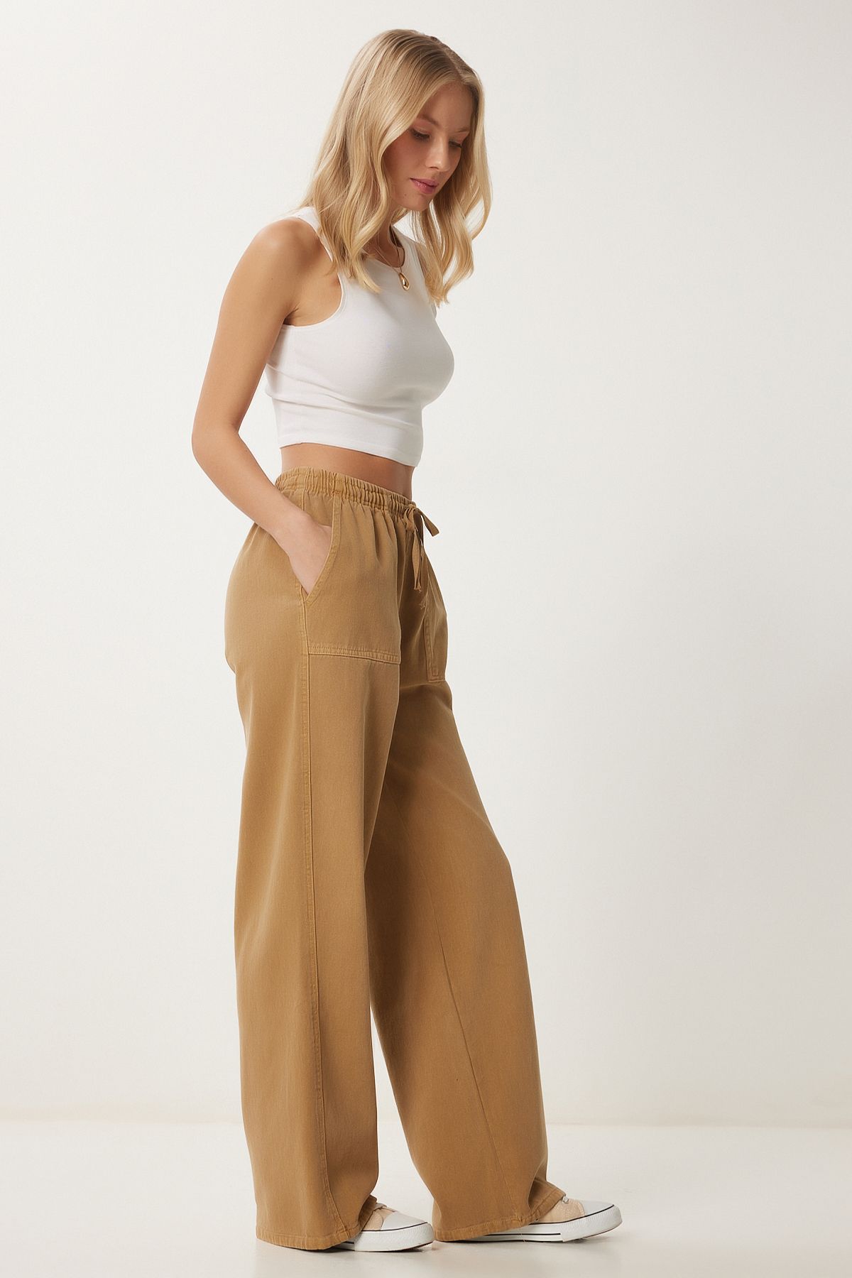 Camel Soluk Efektli Geniş Paça Denim Palazzo Pantolon MX00179