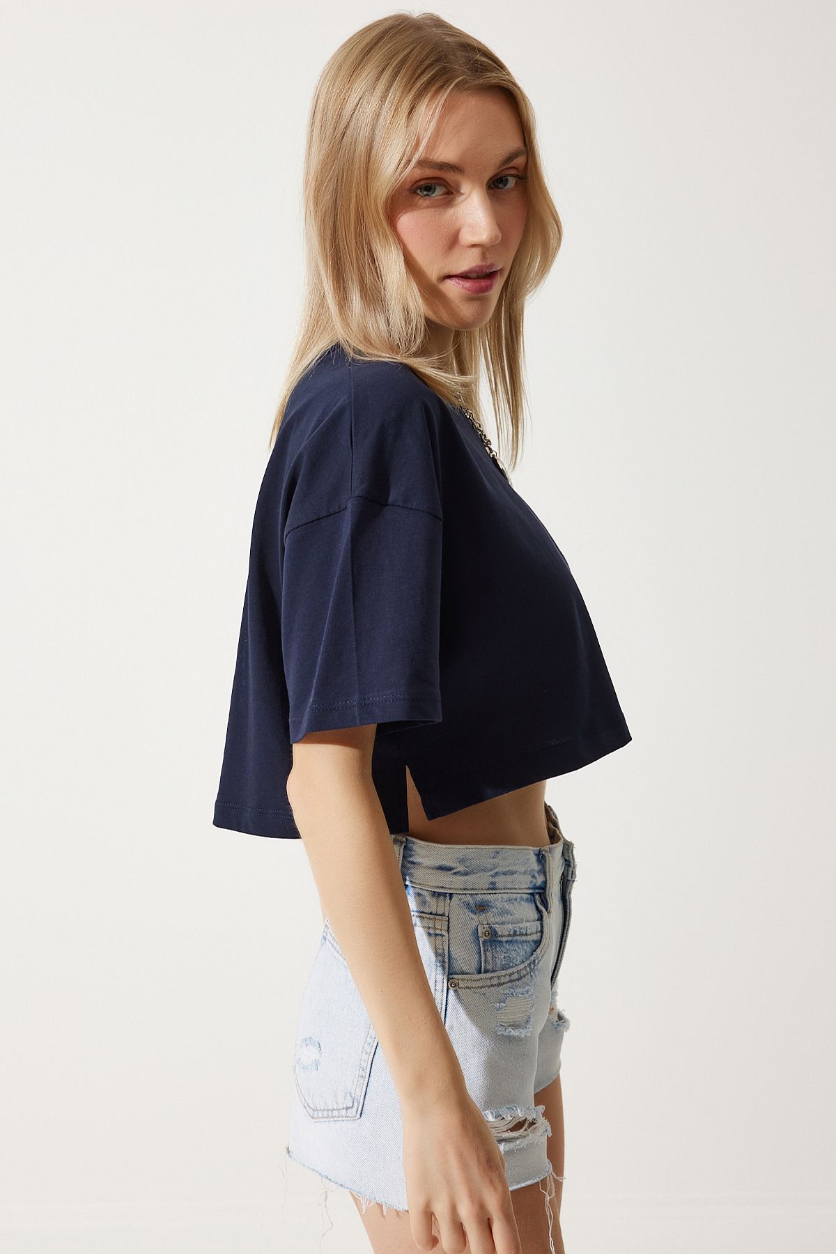 Lacivert %100 Pamuk Oversize Crop Örme T-Shirt BP00164