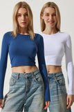 Beyaz İndigo Mavi Bisiklet Yaka Basic 2'Li Paket Crop Örme Bluz OW00035