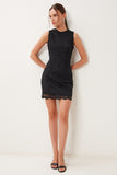 Siyah Dantelli Mini Dokuma Elbise FN03464