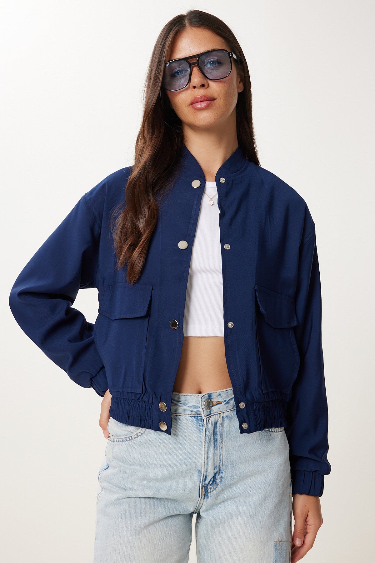 Lacivert Kapaklı Cepli Gabardin Bomber Ceket MX00235