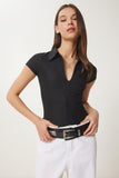 Siyah Polo Yaka Fermuarlı Örme Bluz CI00114