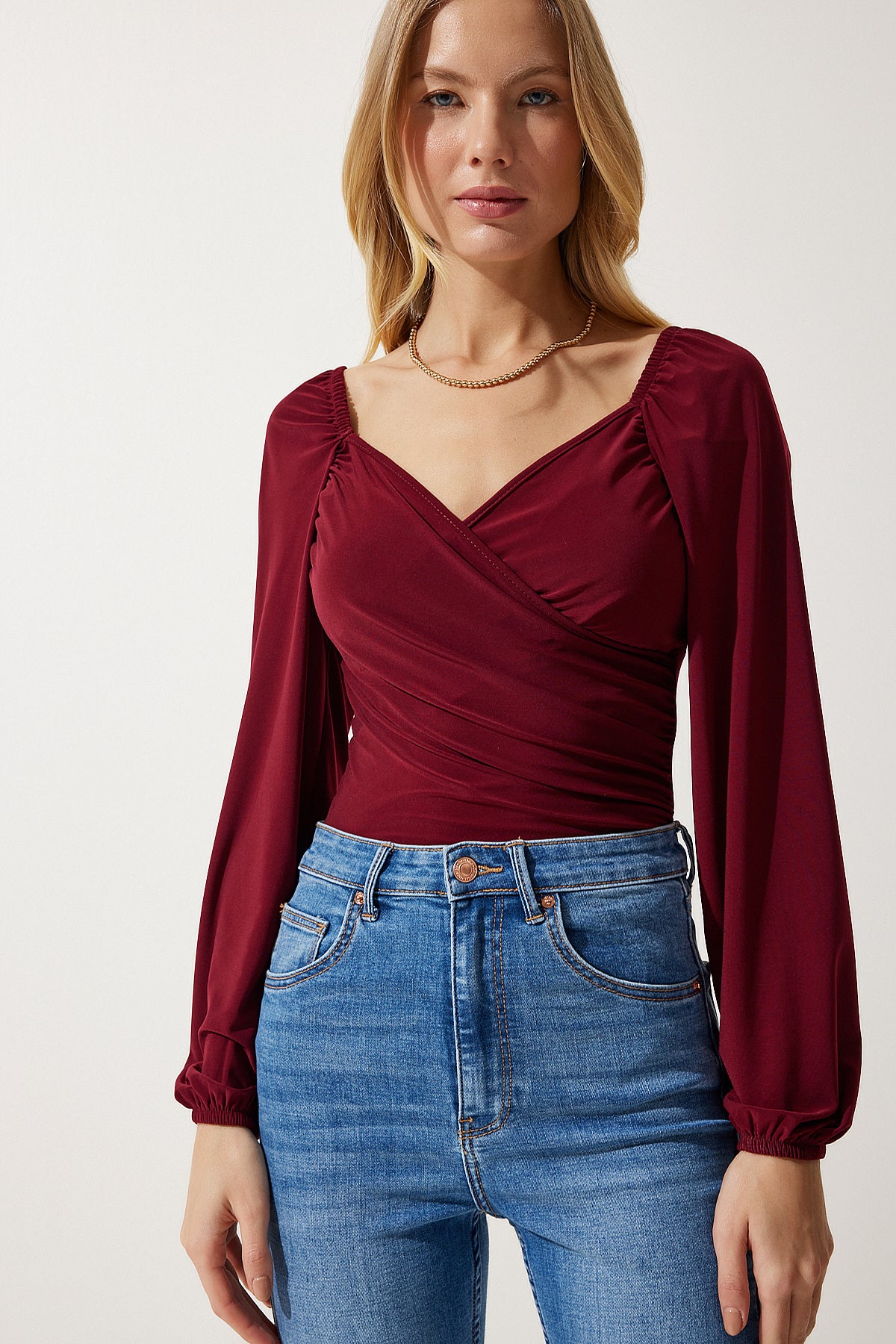 Bordo Elastik Balon Kollu Sandy Örme Bluz FF00154