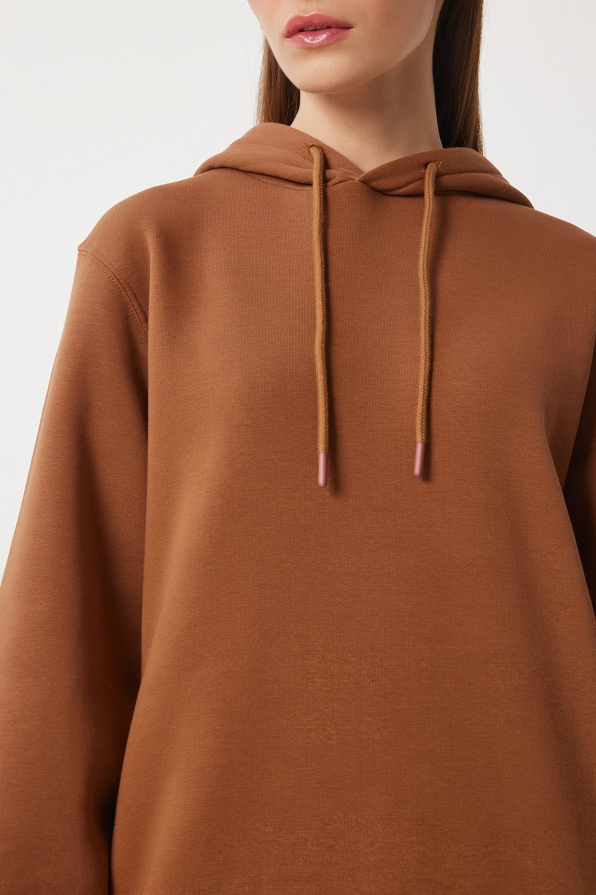 Kahverengi Kapüşonlu Şardonlu Oversize Sweatshirt VN00017