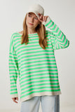Yeşil Krem Çizgili Oversize Triko Kazak Kİ00162