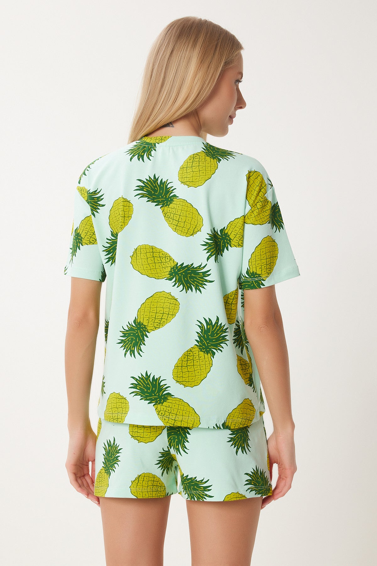 Mint Yeşili Desenli Şortlu Örme Pijama Takımı XE00001