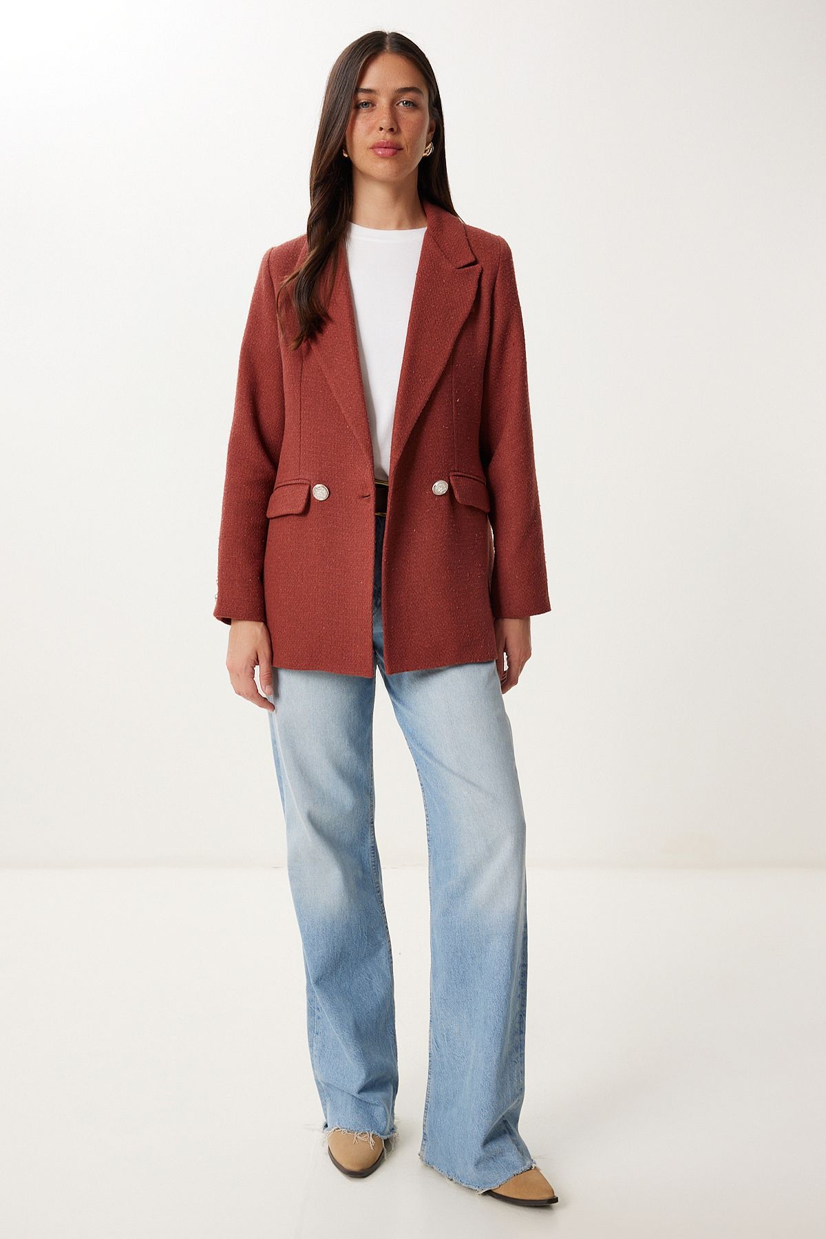 Kiremit Vatkalı Şık Düğmeli Tüvit Blazer Ceket XL00005