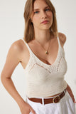 Krem Ajurlu Askılı Crop Triko Bluz BV00120