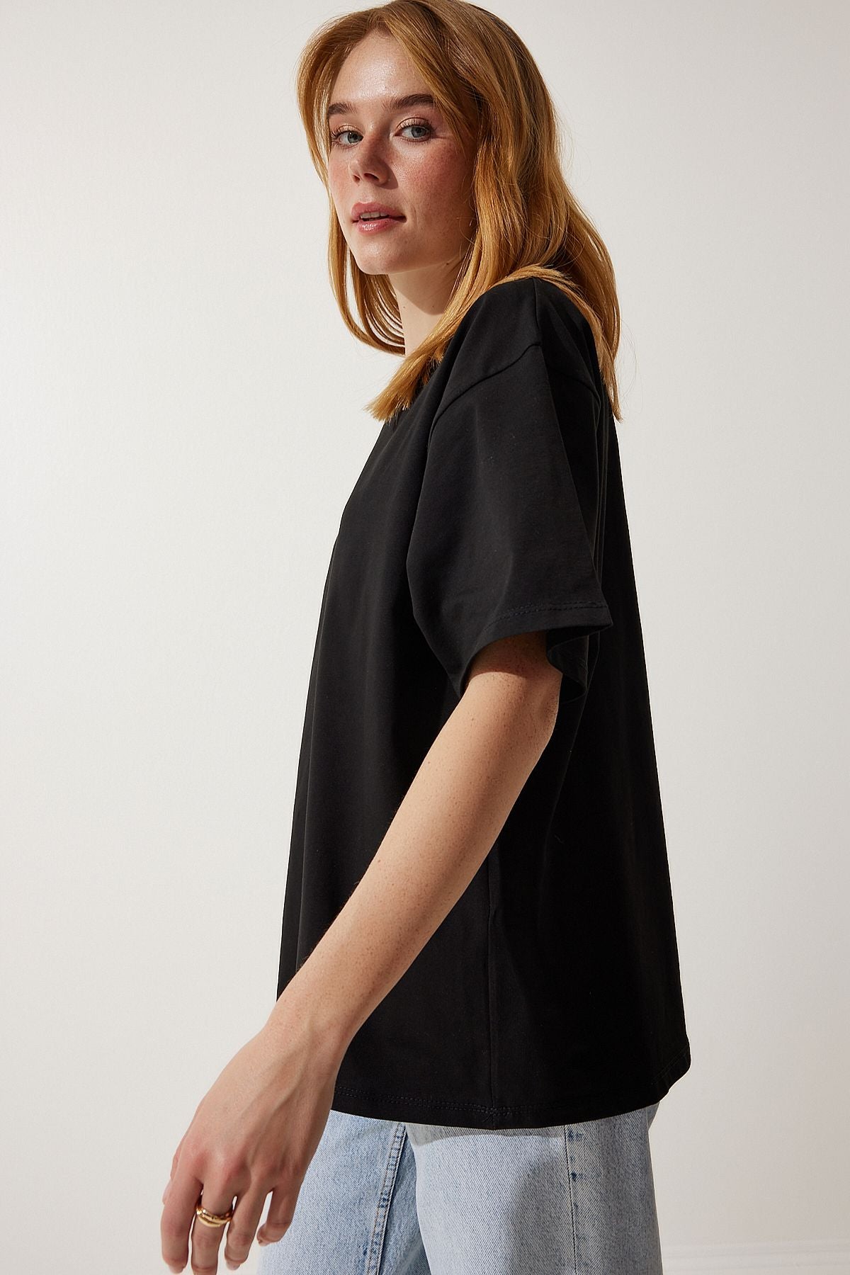 Siyah Basic Oversize Örme T-Shirt HW00007