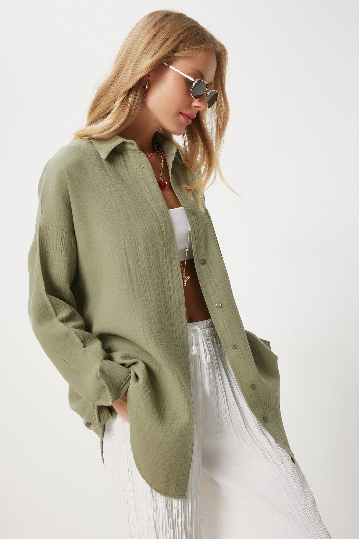 Çağla Yeşili Oversize Basic Müslin Gömlek  MX00150