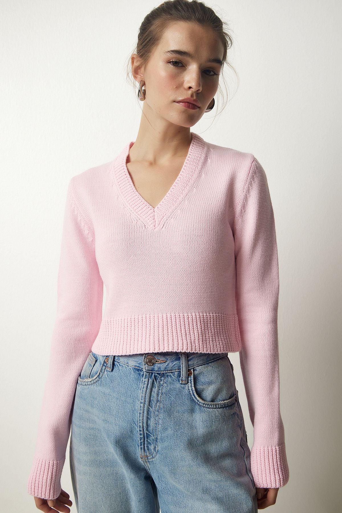Açık Pembe V Yaka Crop Triko Kazak PF00040