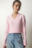 Açık Pembe V Yaka Crop Triko Kazak PF00040