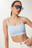 Gök Mavi Askılı Esnek Yazlık Triko Crop Bluz NS00436