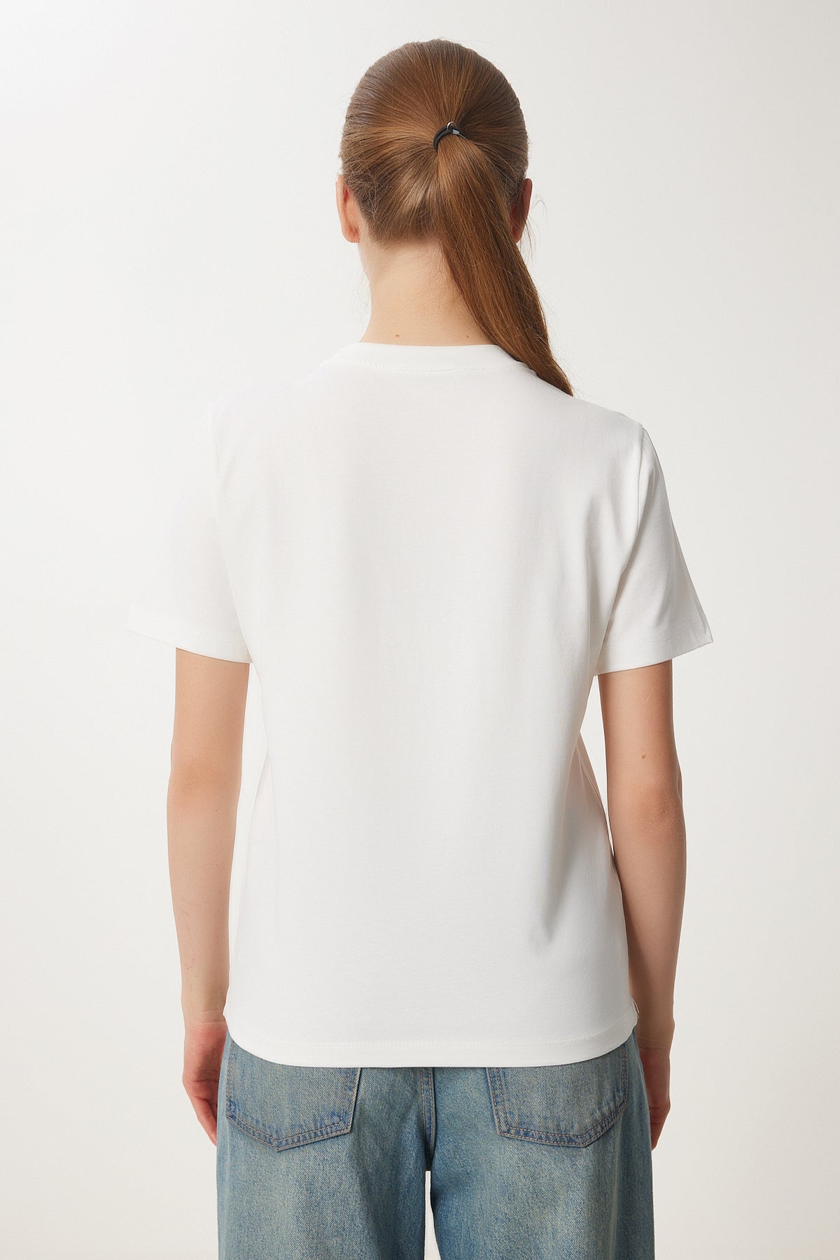 Kemik Şık Taşlı Armalı Pamuklu Örme T-Shirt CR00473