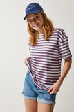 Leylak Bisiklet Yaka Çizgili Oversize Örme T-Shirt EN00609