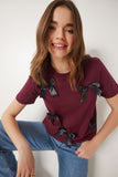 Bordo Fiyonklu Pamuklu Örme T-Shirt CR00453
