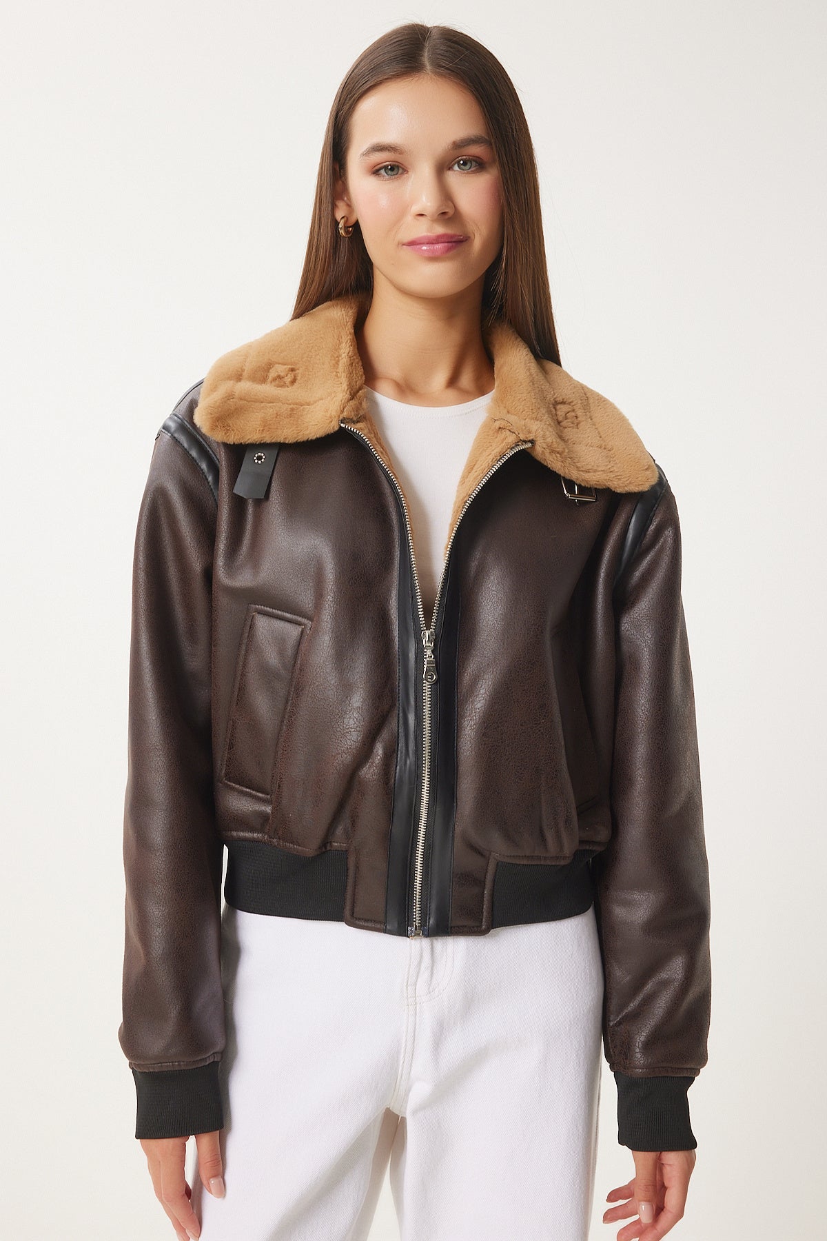 Kahverengi Suni Deri Bomber Ceket FN03408
