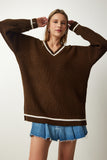 Kahverengi V Yaka Oversize Uzun Triko Kazak  BP00140