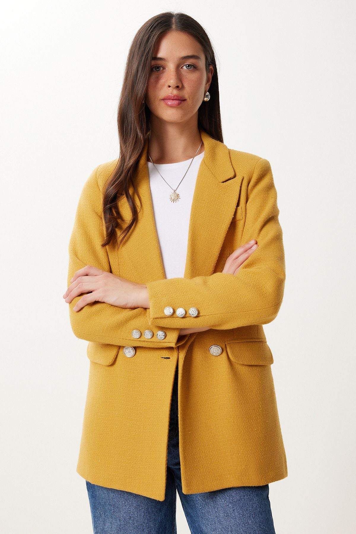 Hardal Vatkalı Şık Düğmeli Tüvit Blazer Ceket XL00005