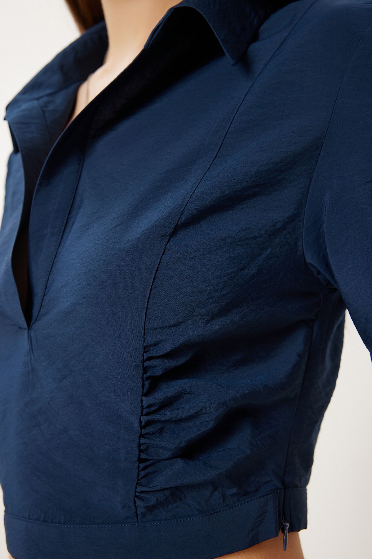Lacivert Polo Yaka Crop Ayrobin Bluz WF00136