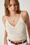 Krem Ajurlu Askılı Crop Triko Bluz BV00120