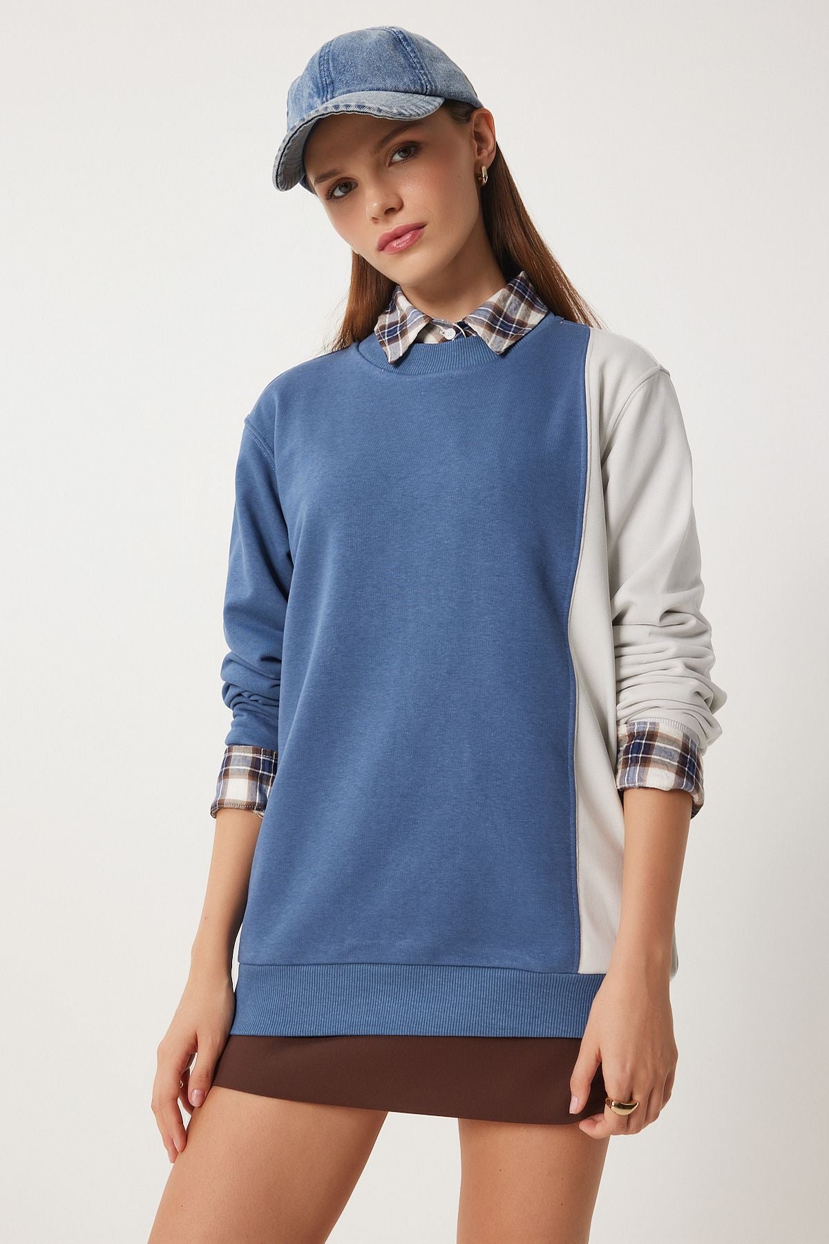 İndigo Mavi Blok Renkli Örme Sweatshirt VN00021