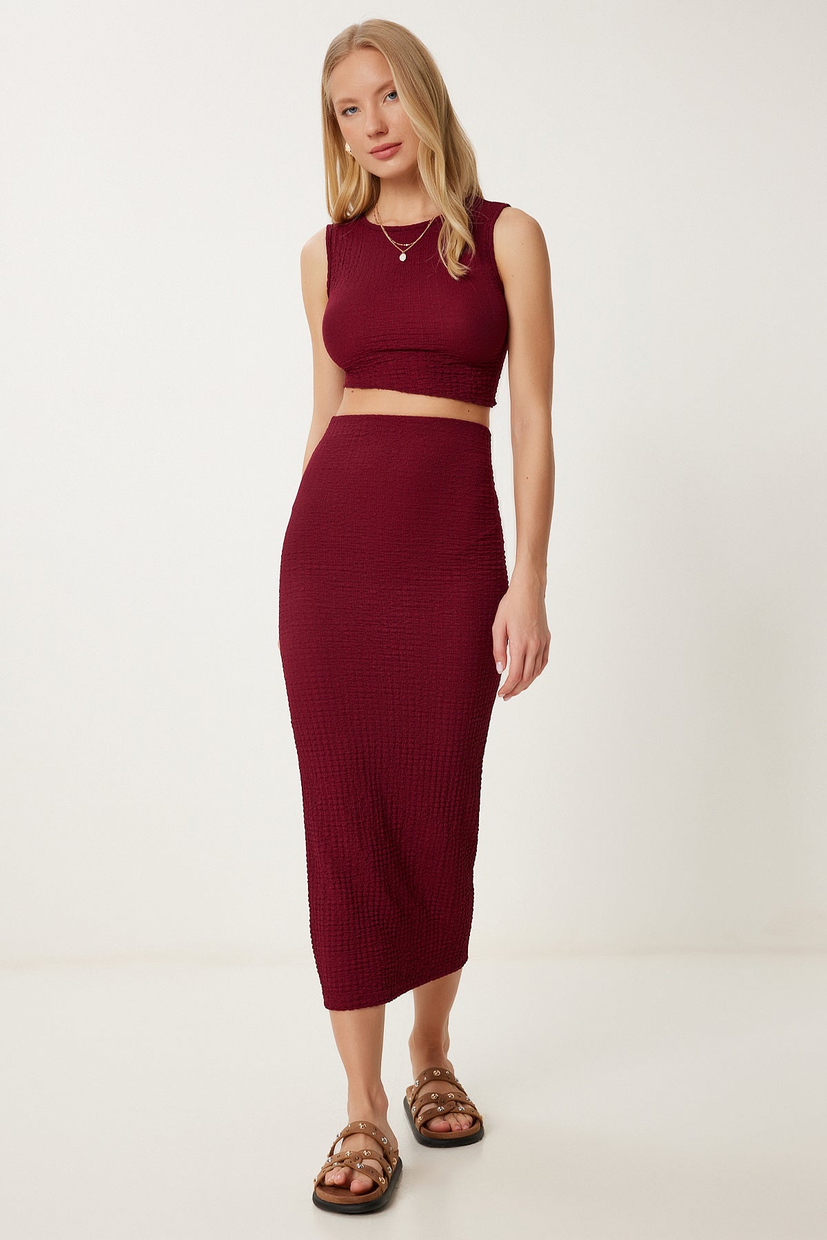 Bordo Dokulu Yazlık Bluz Etek Takım FW00010