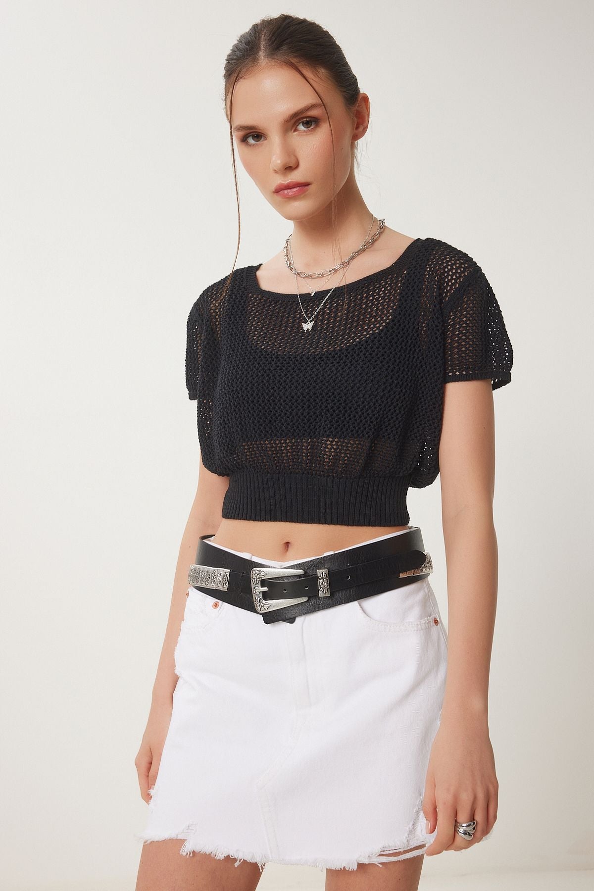 Siyah Ajurlu Yazlık Crop Triko Bluz ZA00076