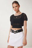 Siyah Ajurlu Yazlık Crop Triko Bluz ZA00076