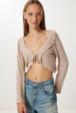 Bej Volanlı Mevsimlik Crop Triko Bluz UB00432