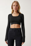 Siyah U Yaka Fitilli Crop Triko Bluz PF00068