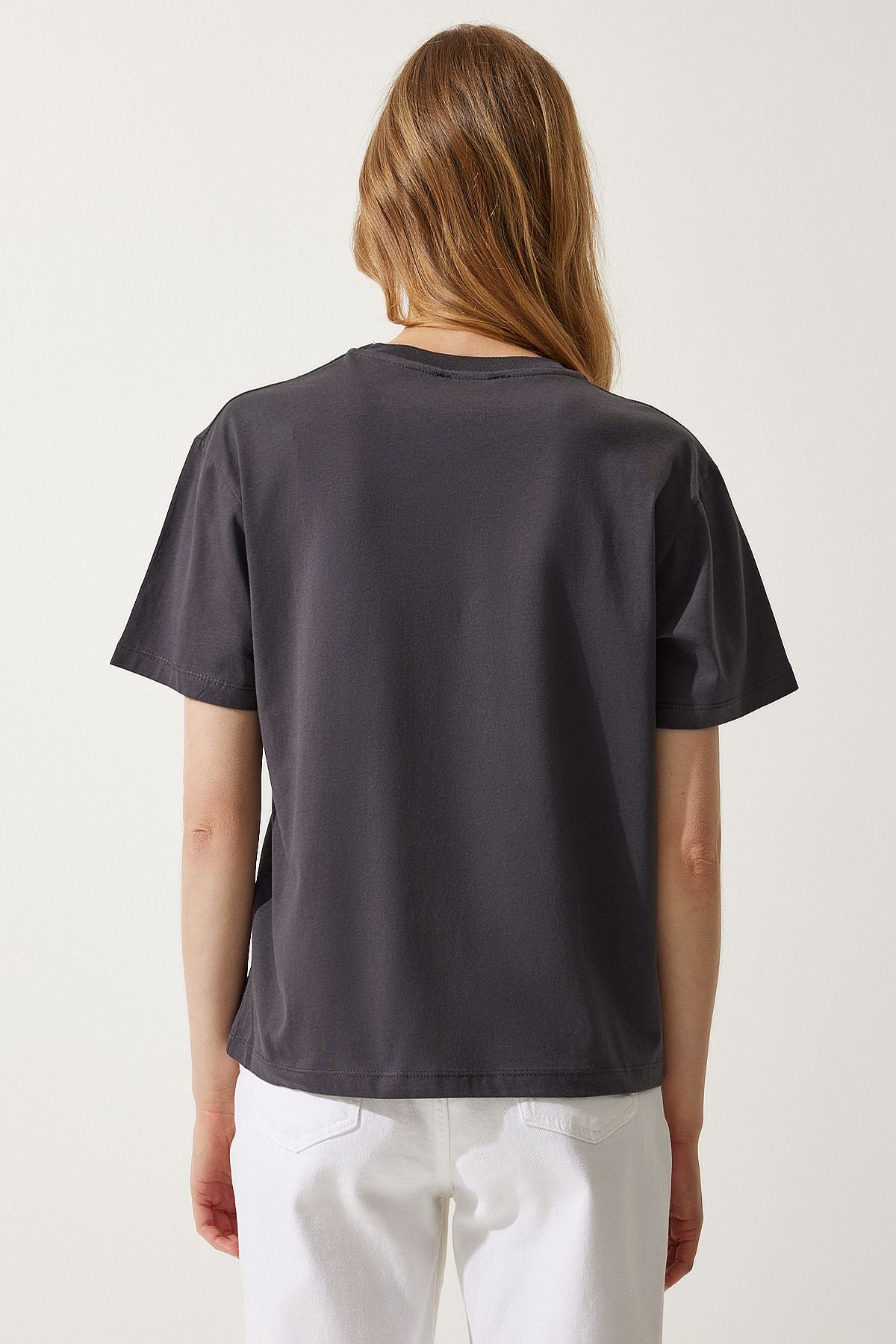 Antrasit Baskılı Basic Örme T-Shirt NJ00141