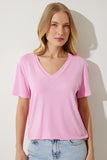 Pembe V Yaka Basic Viskon Örme T-Shirt EN00613