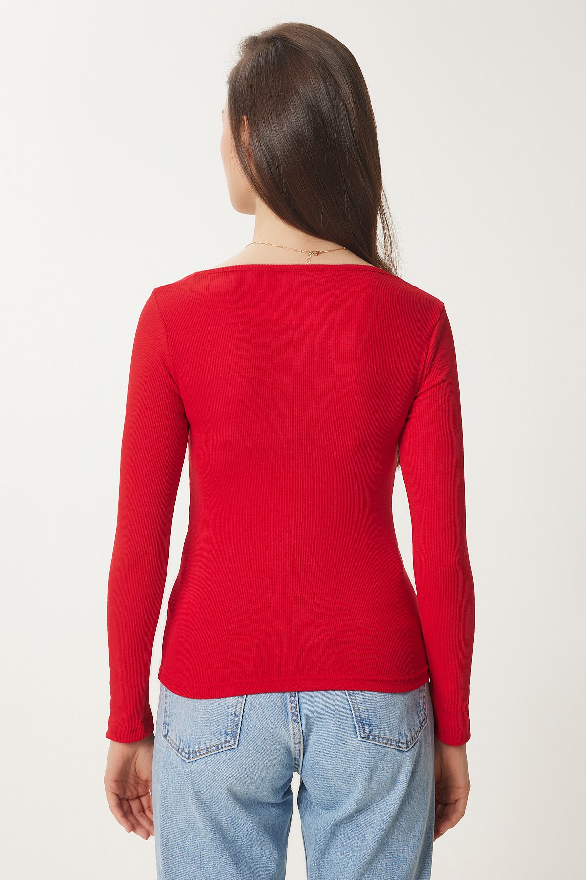 Kırmızı Beyaz 2'Li Kalp Yaka Fitilli Örme Bluz GT00231