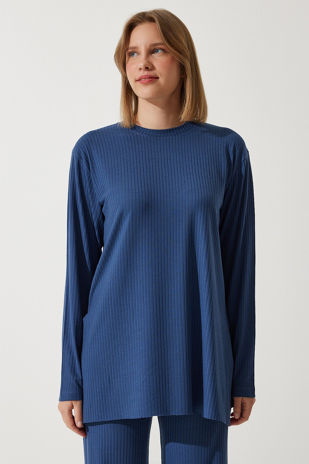 Lacivert Fitilli Örme Bluz Pantolon Takım KH00088