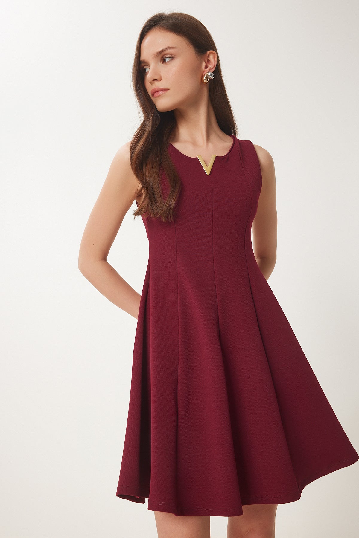 Bordo Volanlı Mini Örme Elbise ZV00296