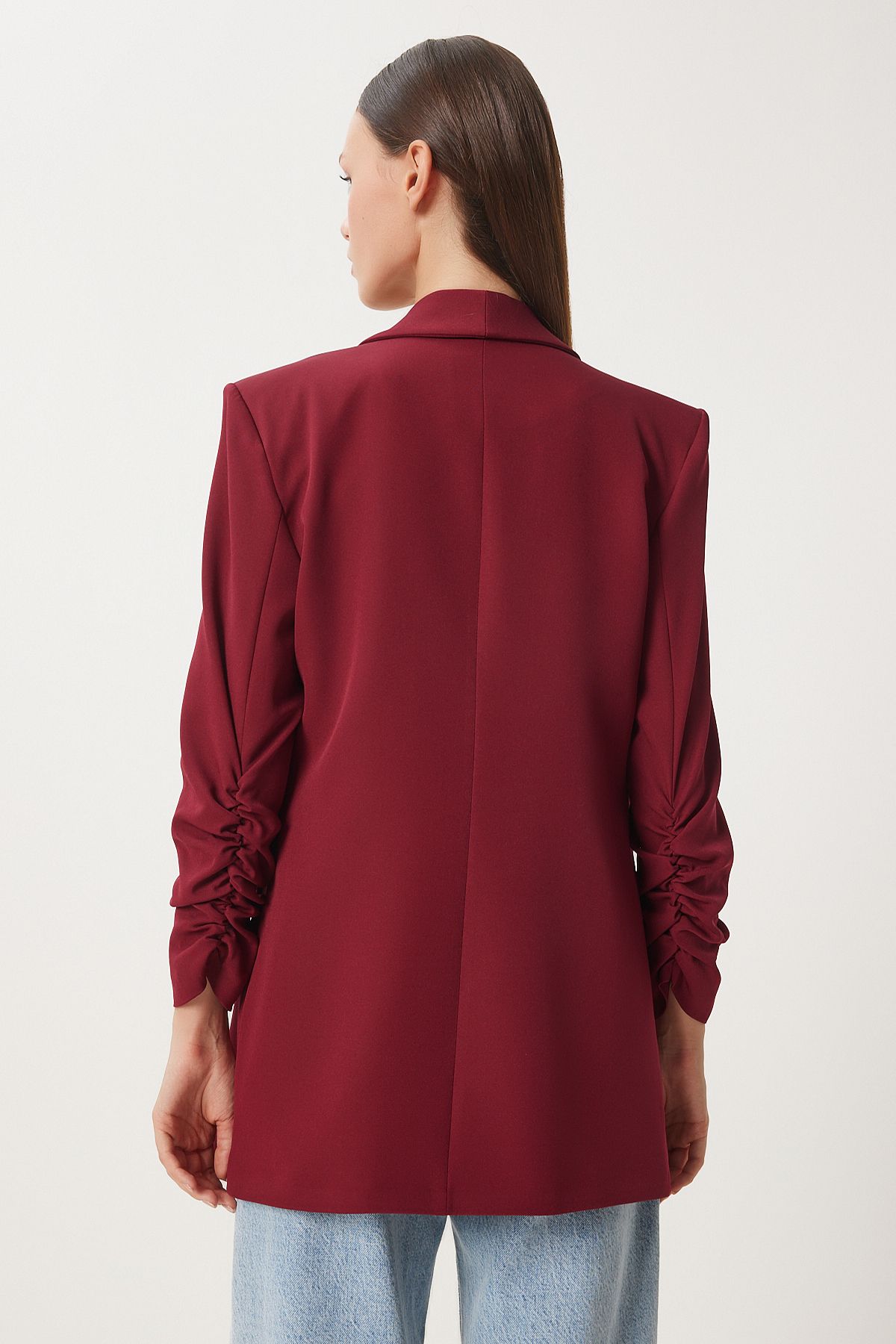 Bordo Şal Yaka Büzgü Detaylı Dokuma Blazer Ceket HL00004