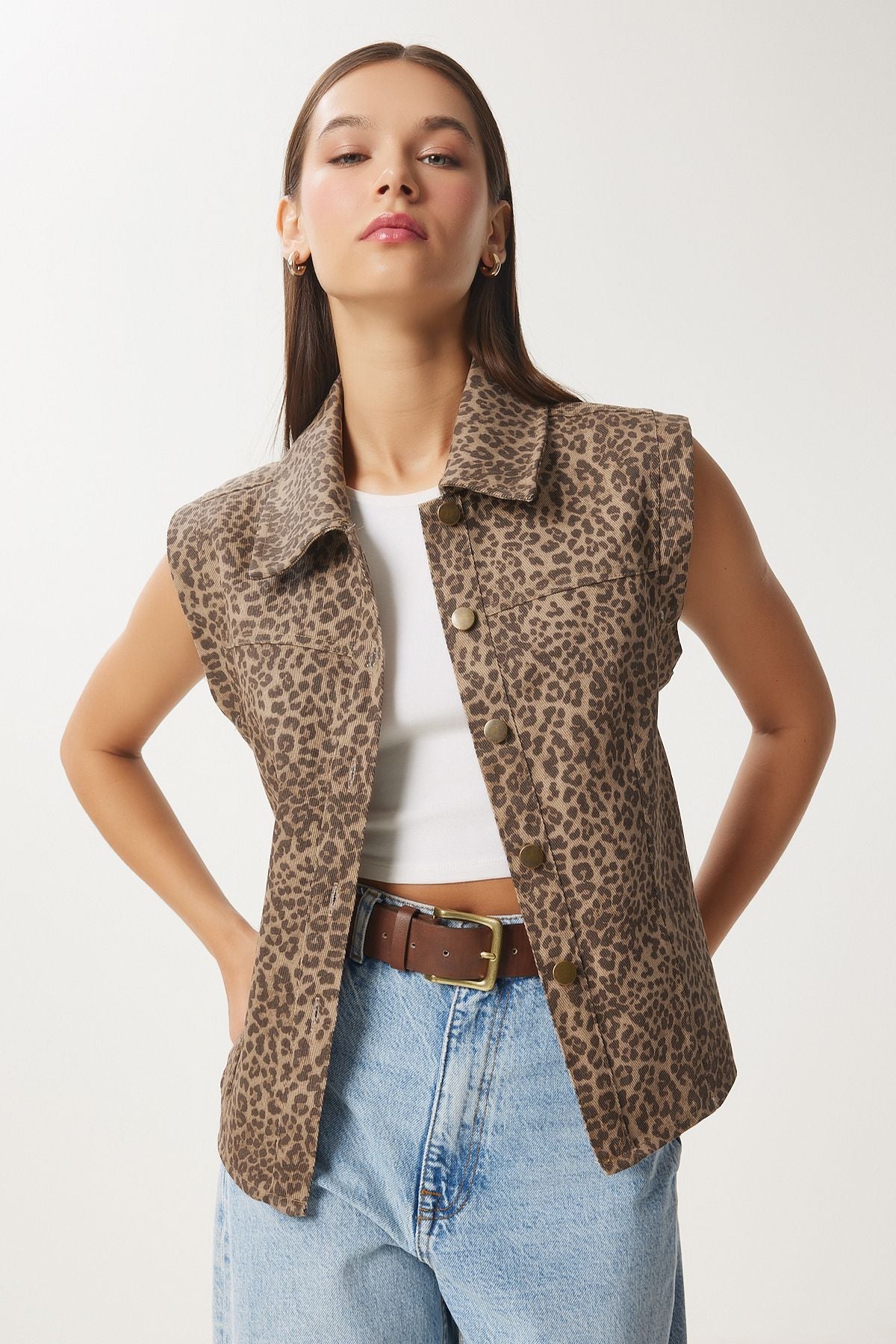 Vizon Kahverengi Leopar Desenli Gömlek Yaka Denim Yelek FN03418