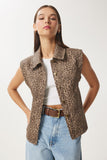 Vizon Kahverengi Leopar Desenli Gömlek Yaka Denim Yelek FN03418
