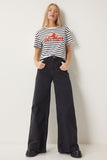 Siyah Orta Bel Geniş Paça Jean FN03413