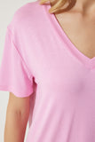 Pembe V Yaka Basic Viskon Örme T-Shirt EN00613