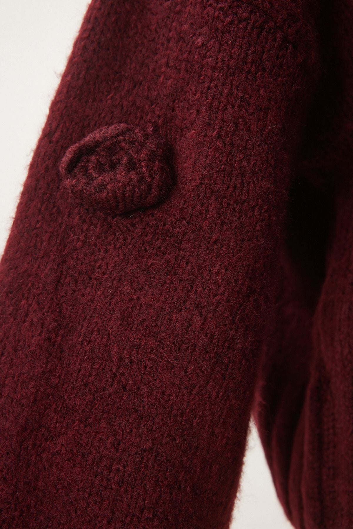 Bordo Ponpon Çiçek Detaylı Triko Hırka PF00078